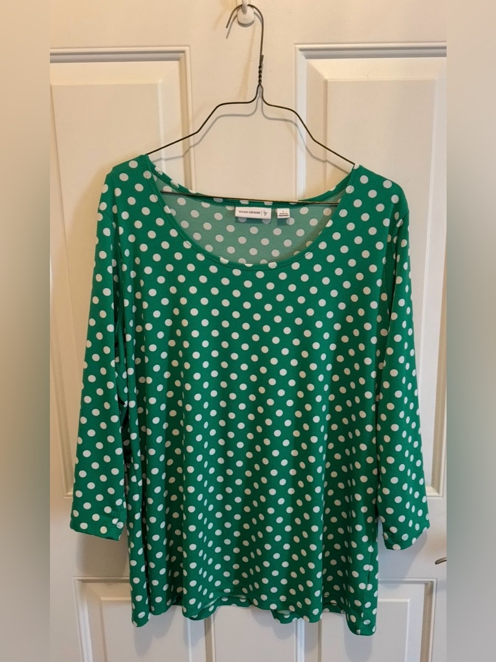 Susan Graver Emerald Green White Polka Dot Scoop Neck Long Sleeve Top